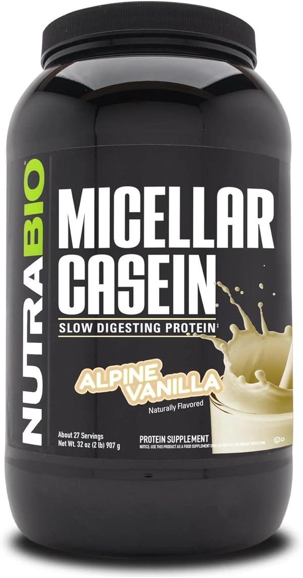 NutraBio Micellar Casein Protein Powder, 2 lbs Alpine Vanilla, Slow Digesting for Muscle Growth