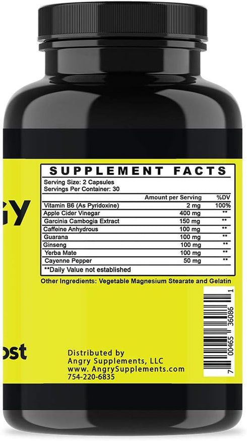 Angry Supplements Angry Energy Caffeine Capsules: All Natural Non-GMO Energy Booster for Stamina & Focus