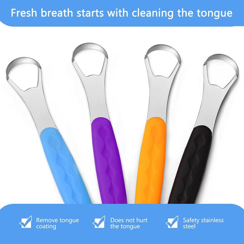 4 Pcs Stainless Steel Tongue Scraper Cleaner for Adults and Kids, Reduce Bad Breath with Travel Cases (Purple, Orange,