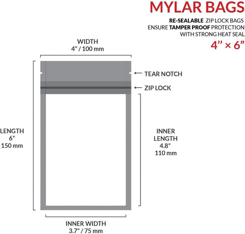 Mylar Bags with Ziplock 4" x 6" - 100 Sealable Heat Seal Bags for Candy, Food Packaging, Medications