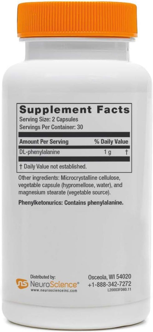 NeuroScience Focus DL - Cognitive Support for Adults & Children, 1000 mg Phenylalanine as DLPA, Dopamine Precursor, Gluten & Soy Free (60 Capsules)