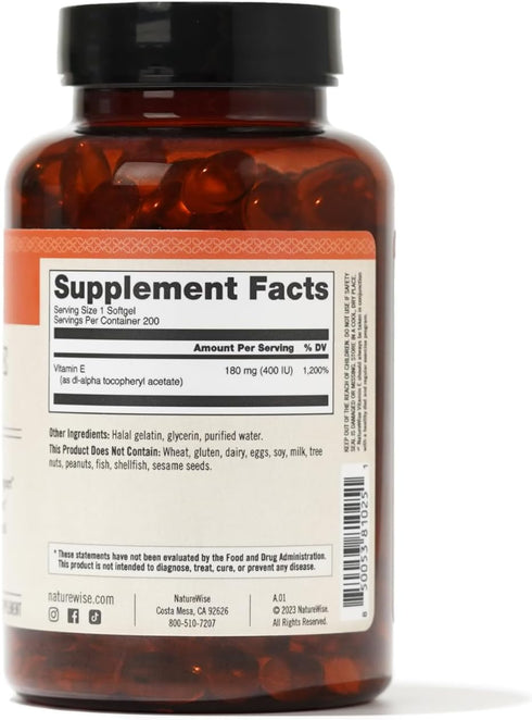 NatureWise Vitamin E 400 IU Softgels, Antioxidant-Rich Dietary Supplement for Skin and Immune Health, 200 Count