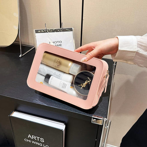 Clear Makeup Bag Organizer, TSA Approved Portable Travel Cosmetic Bag for Women, Pink Vegan Leather