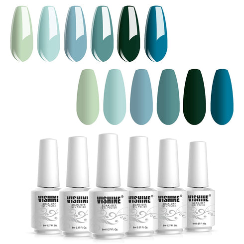 Vishine Gel Nail Polish Gift Set - Teal Blue Olive Green Soak Off UV LED Art Varnish for Home Salon