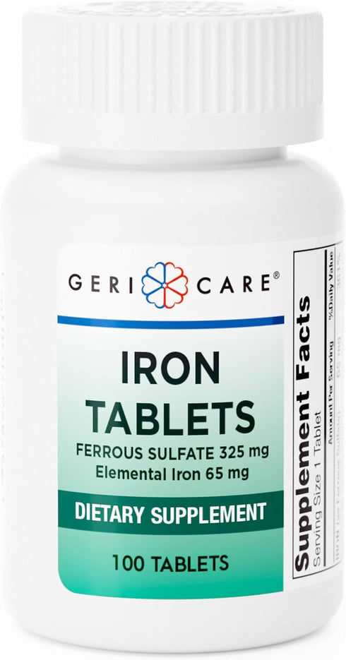 GeriCare Ferrous Sulfate Tablets 325 mg - Elemental Iron 65 mg High Potency - 100 Count