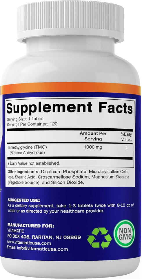 Vitamatic TMG Supplements 1000mg - Trimethylglycine - 120 Tablets - 120 Servings - Non-GMO & Gluten Free
