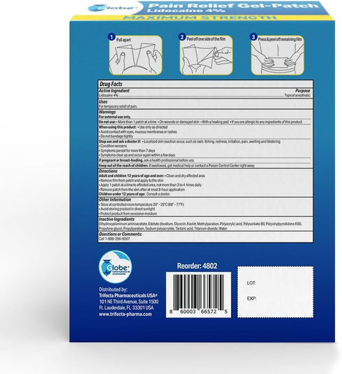 Globe -15 Pack Maximum Strength OTC Pain Relief 4% Lidocaine Patch, 3.9” x 5.5”, Temporary Pain Relief for Back, Neck,