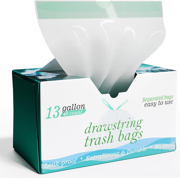 13 Gallon Tall Kitchen Drawstring Trash Bags, 1.2 Mil Extra Strong, 40 Count, Unscented, White, 25" x 30"