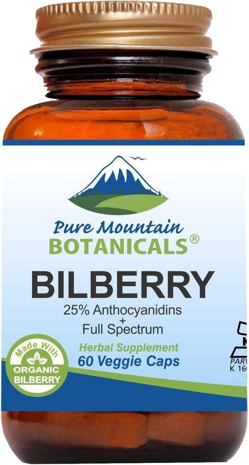 Pure Mountain Botanicals Bilberry Extract Supplement Vegan Capsules with 250mg Organic Bilberry Leaf