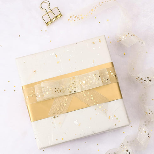 KESOTE Christmas Sheer Ribbons, Gold Organza Chiffon Ribbon with Foil Print for Crafts, Gift Wrapping, Hair Bows