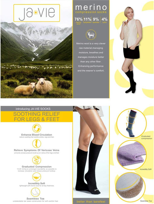 ja vie JAVIE 76% Merino Wool Compression Socks 15-20mmHg Seamless Toe for Men & Women