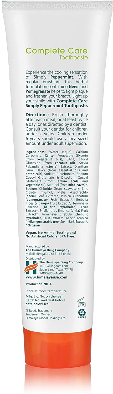 Himalaya Botanique Complete Care Toothpaste, Herbal Peppermint Flavor, Fluoride Free, 5.29 Oz, 1 Pack.