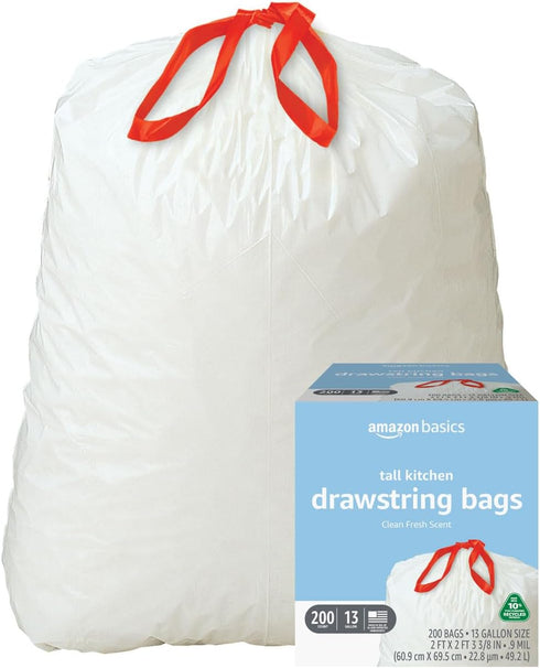 Amazon Basics - Tall Kitchen Trash Bags, 13 Gallon, 10% Post Consumer Recycled Content, Clean Fresh Scent, 200 Count, Pack of 1