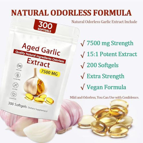 Nchampionba 7500mg B1 B9, Immune 2 300 Softgels1pcs Aged Garlic Extract Capsules, Odorless Garlic Supplements