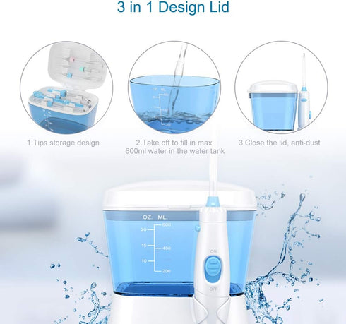 TUREWELL Water Flossing Oral Irrigator - 600ML Dental Cleaner with 10 Adjustable Pressure, 8 Tips