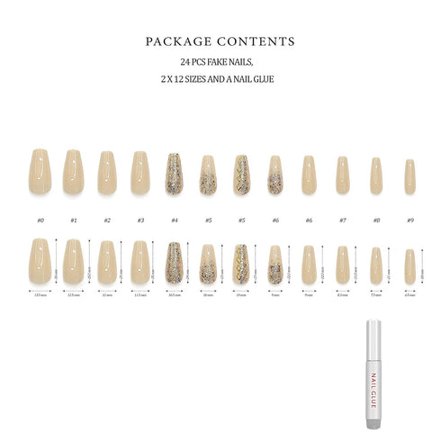 Hypnaughty 24 Pcs Vegas Gold and Nude Luxury Coffin Press On Fake Nails with Glitter Design and Glue, Ombre Glitter