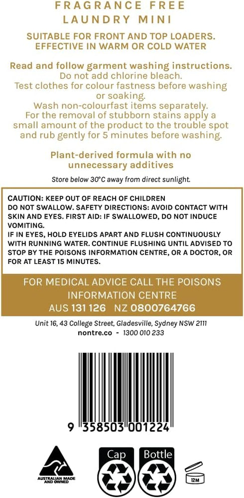 Nontre Baby Laundry Liquid Concentrate, Fragrance Free, Gentle Solution for Sensitive Skin, 120mL (4.06 FL Oz)