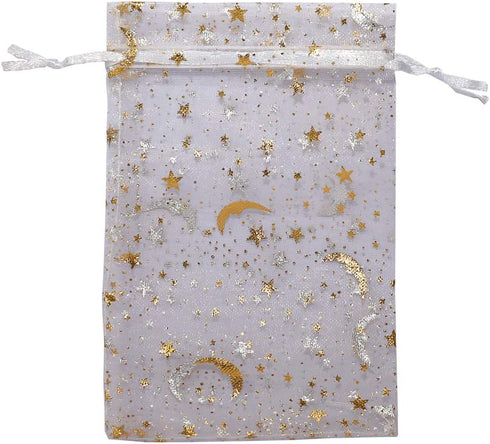 100Pcs Sheer Organza Drawstring Pouches 4x6 Inches, Stars and Moon Wedding Party Favor Gift Bags
