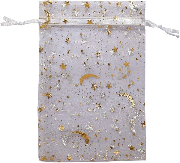 100Pcs Sheer Organza Drawstring Pouches 4x6 Inches, Stars and Moon Wedding Party Favor Gift Bags