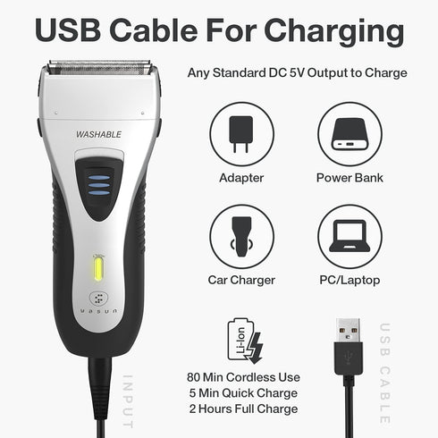 YASUN Foil Shaver, Electric Razor, Wet/Dry Waterproof, Cordless Rechargeable Mens Razor, Silver & Black