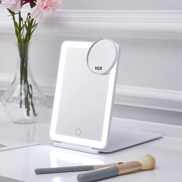 LED Foldable Travel Makeup Mirror, 5x7 inches, 3 Colors Light Modes, USB Rechargeable Touch Screen (White)