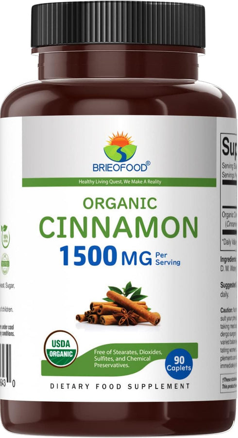 Brieofood Organic Cinnamon 1500mg, 45 Servings, Vegetarian, Gluten Free, 90 Vegetarian Tablets