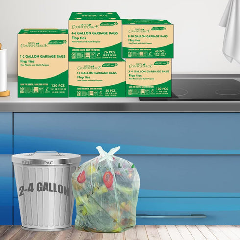 2-4 Gallon Flap Tie Compostable Trash Bags, 100 Count, Small Compost Bags, Biodegradable Kitchen Garbage Bags, Food