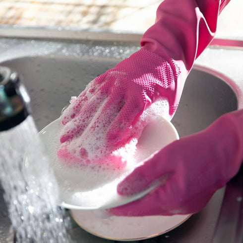 2 Pairs Reusable Waterproof Household Dishwashing Non-Slip Cleaning Latex Rubber Kitchen Gloves (Pink, XX-Large)