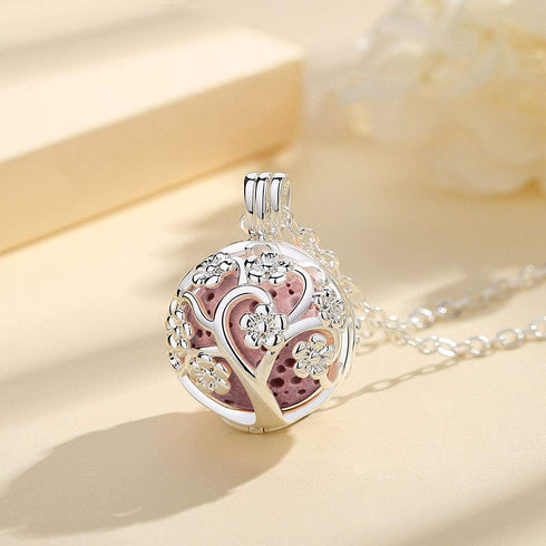 INFUSEU Sakura Tree Aromatherapy Necklace, Essential Oils Diffuser Locket Pendant with 7 PCS Lava Rock Stones