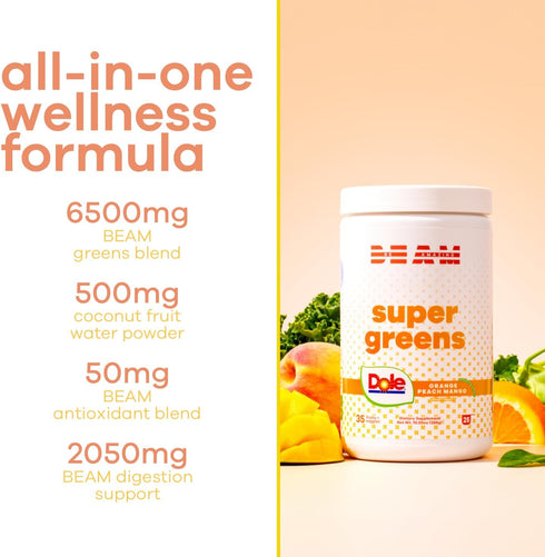 BEAM be Amazing Dole Super Greens Powder with Prebiotics, Digestive Enzyme, Antioxidant, 25 Servings, Orange Peach Mango