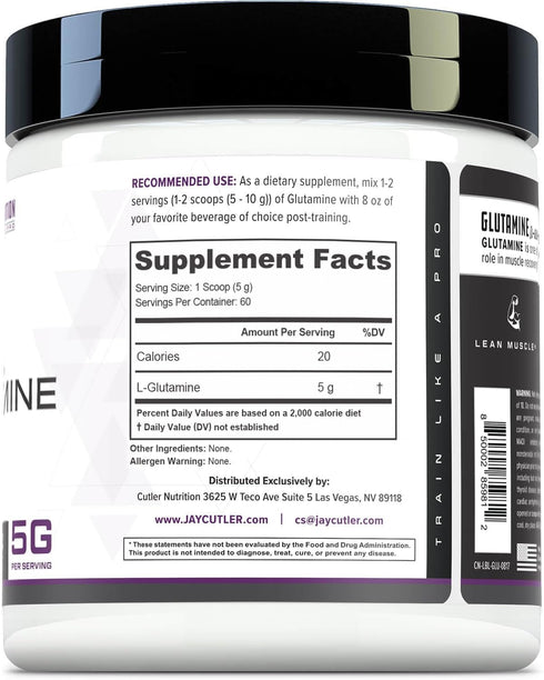 Cutler Essentials 100% Pure L-Glutamine for Enhanced Recovery, Lean Muscle Support | Unflavored, 60 Servings