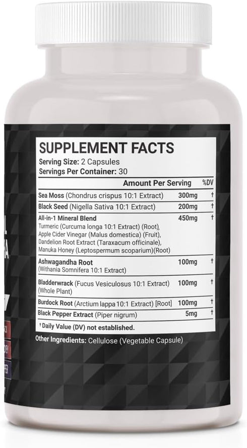 JB Wellness Co 60 Count Sea Moss Black Seed Oil Ashwagandha Turmeric Bladderwrack Burdock - with Manuka, Honey