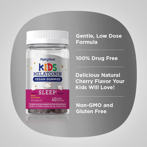 Piping Rock Kids Melatonin Gummy 1mg | 40 Gummies | Vegan, Non-GMO, Gluten Free Cherry Flavor Supplement