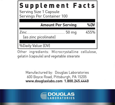 Douglas Laboratories Zinc Picolinate - 50 mg Zinc - for Immune System, Antioxidants & Skin - Trace Mineral Supplement - 100 Capsules