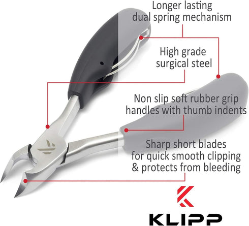 KLIPP Toenail Clippers for Thick Nails – Rustproof Stainless Steel Ingrown and Cuticle Nipper Trimmer with Ergonomic