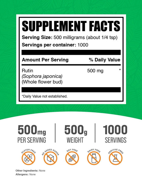 BulkSupplements.com Rutin Powder - 500mg Rutin Supplement from Sophora Japonica, 500g