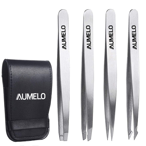 Tweezers Set 4-Piece Professional Stainless Steel - Gift with Travel Case by Aumelo, Best Precision Eyebrow Tweezer