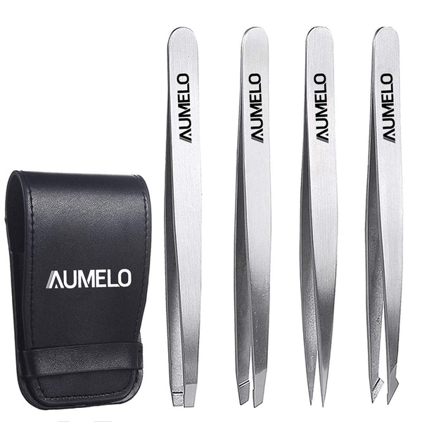 Tweezers Set 4-Piece Professional Stainless Steel - Gift with Travel Case by Aumelo, Best Precision Eyebrow Tweezer