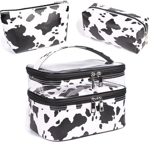 FITINI 3 Pieces Double Layer Makeup Bags, Large White Cows Waterproof Cosmetic Cases for Women Makeup Storage
