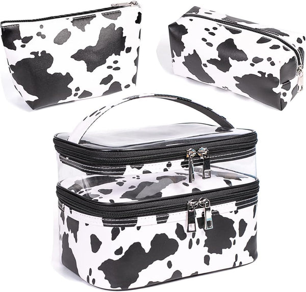 FITINI 3 Pieces Double Layer Makeup Bags, Large White Cows Waterproof Cosmetic Cases for Women Makeup Storage