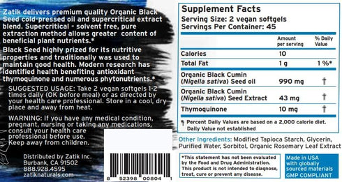 Zatik Naturals Black Cumin Seed Oil & Supercritical Extract - Cold Pressed, Unrefined, USDA Organic, 90 Vegan Softgels