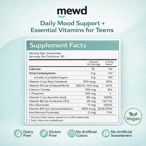Gummies D3, B6, B9 B12, Immune MEWD Teen and Kids Mood Support Multivitamin - Natural Focus & Calm with L-Theanine