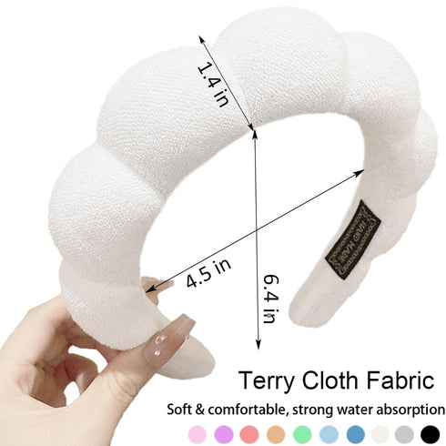 Spa Headbands for Washing Face or Makeup, Sponge Bubble Skincare Headbands, Puffy Terry Cloth Hairband for Women, Skin Care Makeup Headwear Hair Accessories for Girls (White)
