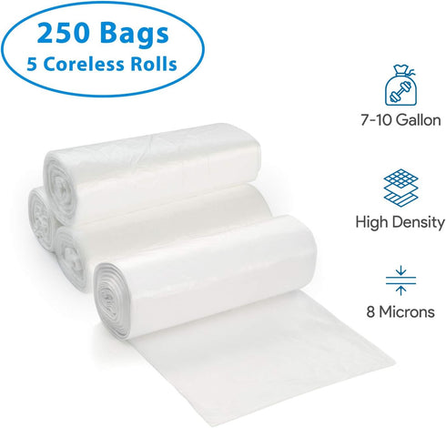 7-10 Gallon Clear Garbage Can Liners, 250 Count - Small - Medium Trash Can Liners, High Density, 5 Coreless Rolls