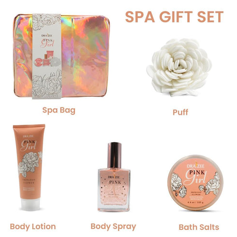 Spa Gift for Women, 4 Pcs Relaxation Set with Body Lotion, Body Spray, Bath Salts & Puff - Self Care Gifts by Draizee