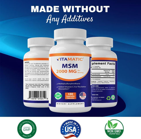 Vitamatic MSM 2000 mg with 75mg Vitamin C, 180 Veg Capsules, Non-GMO & Gluten Free