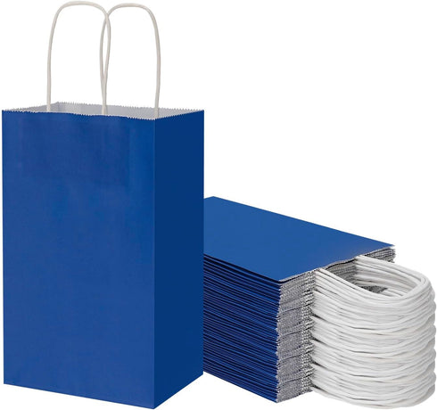 Toovip 50 Pack 5.25x3.25x8.25 Inch Small Royal Blue Kraft Paper Bags with Handles Bulk for Gift Wrap Bags Party