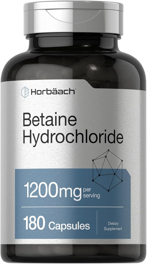 Horbaach Betaine HCl 1200mg | 180 Capsules | Non-GMO, Gluten Free Betaine Hydrochloride Supplement