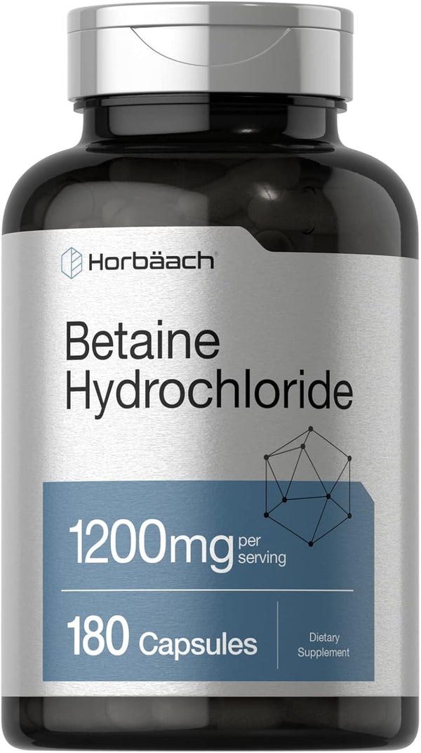 Horbaach Betaine HCl 1200mg | 180 Capsules | Non-GMO, Gluten Free Betaine Hydrochloride Supplement