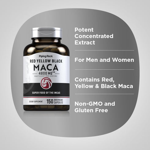 Piping Rock Maca Root Capsules | 150 Pills | 4800mg | Red Yellow Black Maca Root | Non-GMO, Gluten Free Superfood